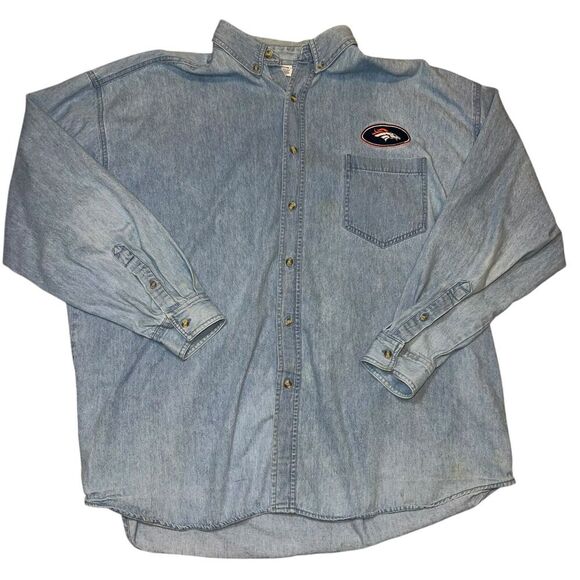 Vtg Denver Broncos Denim Button Shirt Size XXL Blue True Fan Chest Logo - Picture 1 of 10